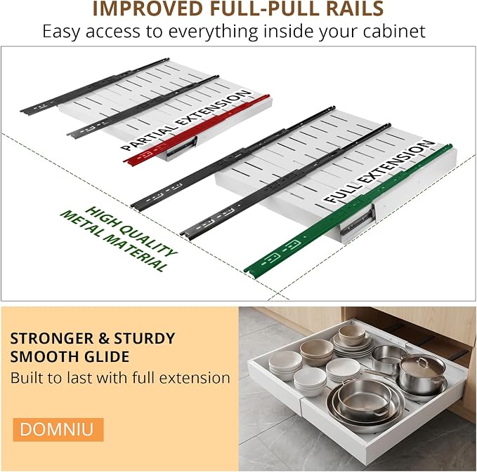 DOMNIU 2 Pack Pull Out Cabinet Organizers Expandable Width(12"-19") and Depth(17"-23"), Metal Slide Out Drawers, Upgrade 3 Slide Rails Sliding Drawer for Kitchen Cabinet Organizer, White