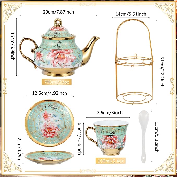 Zhehao 20 Pcs Porcelain Tea Set with Metal Holder and Spoon Adult Ceramic Tea Set European Flower Painting Teapot Cup Saucer Spoon for Women Mom Gift, Large Version (Fresh Style)