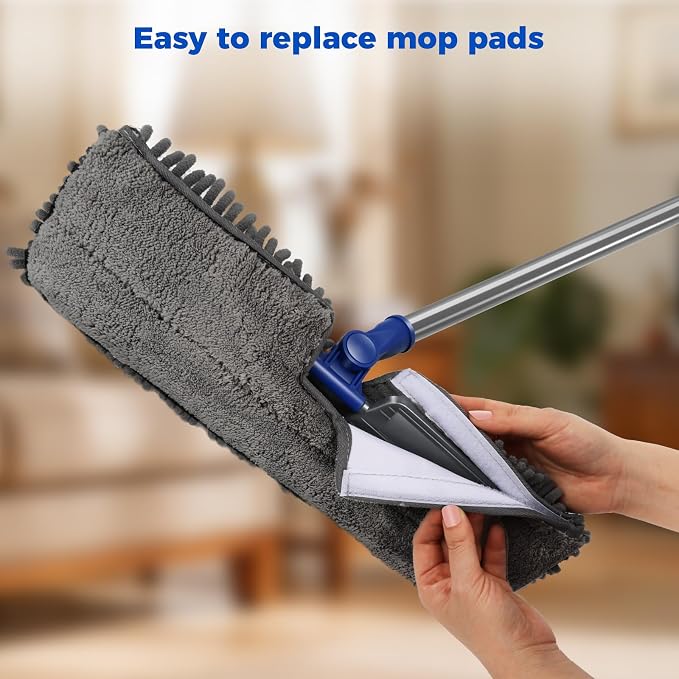 Masthome Microfiber Flat Mop, 16" Wide Floor Mop with 4 Reusable Pads & Hair Scraper, 360° Swivel Dual Sided Flip Mops, Wet Dry Dust Mop for Hardwood, Laminate, Tile, Pet Hai