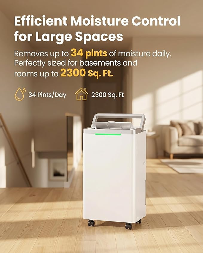 34 Pints Dehumidifier for Basement with Drain Hose, 38dB Quiet for Home Bedroom Bathroom, 24HR Timer, 3-Color Indicator, Auto Defrost, Child Lock