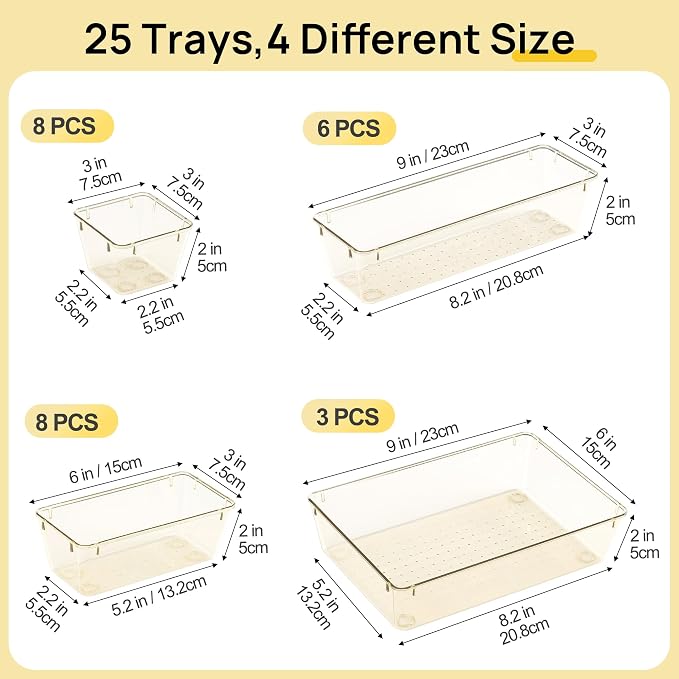 Vtopmart 25 PCS Clear Plastic Drawer Organizers Set, 4-Size Versatile Bathroom and Vanity Drawer Organizer Trays, Storage Bins for Makeup, Bedroom, Kitchen Gadgets Utensils and Office