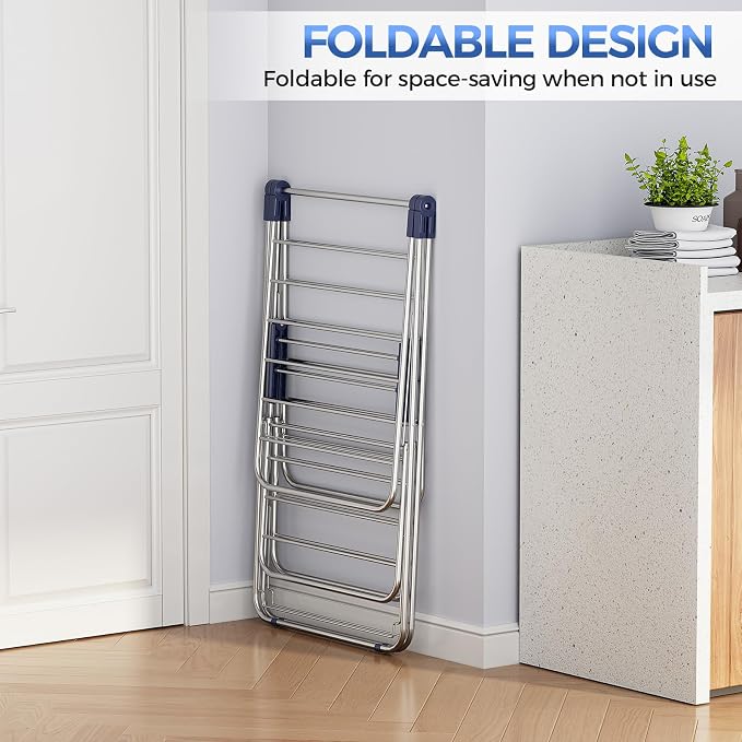 APEXCHASER Clothes Drying Rack, Foldable 2-Level Drying Rack Clothing, Stainless Steel Free-Standing Laundry Airer, with Height-Adjustable 4 Wings, Matte Blue