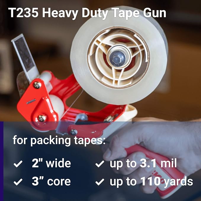 IDL Packaging T235 Heavy Duty Tape Gun Dispenser for 2" Tapes, Strong Metal Construction, Safe and Durable Blade, Rubber Roller and Handle