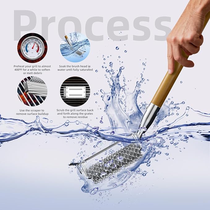 HOUSE AGAIN Grill Brush and Scraper Bristle Free with 3 Replacement Head 304 Stainless Steel Food-Grade Grill Accessories, Safe BBQ Cleaner Brush Strong Barbecue Cleaning Brush for Outdoor Grill Grate