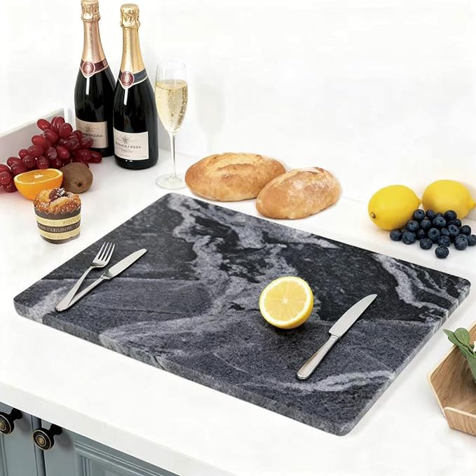 Black Marble Cutting Board for Kitchen, 20 x 16 Inch Large Marble Pastry Slab, Heavy Duty Stone Cutting Board for Dough Kneading, Baking, Rolling, Cheese, Cloud Mist Black