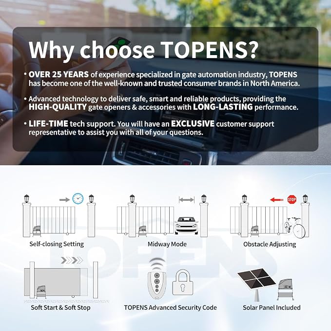 TOPENS DKC500S Solar Sliding Gate Opener Chain Drive Automatic Gate Motor for Heavy Driveway Slide Gates Up to 1300 Pounds, Electric Gate Operator Battery Powered with Solar Panel Remote Control Kit