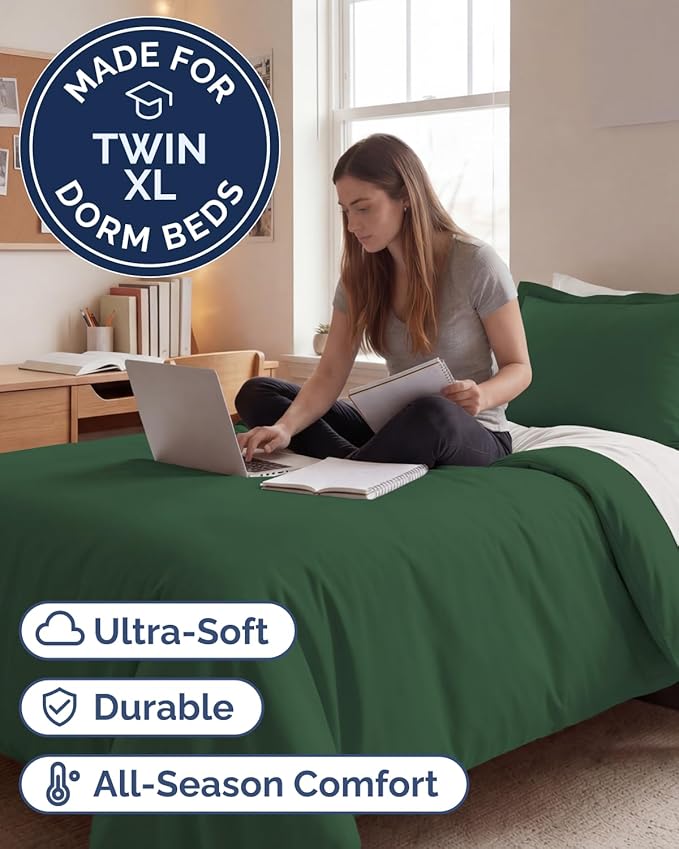 Duvet Cover Twin/Twin XL Size Set - Extra Soft Twin/Twin XL Duvet Cover 68" x 90" with 1 Pillow Sham for Women, Men, Kids & Teens - Easy-Care & Fade Free with Zipper Closures & Ties (Emerald Green)