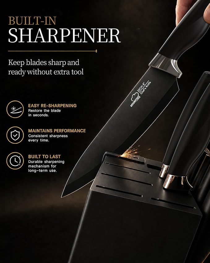 Knife Set 15 Piece Kitchen Knife Set with Block | Built in Sharpener, German Stainless Steel, Dishwasher Safe, Black Kitchen Knives Complete Set, For Home Cooking & Gifting