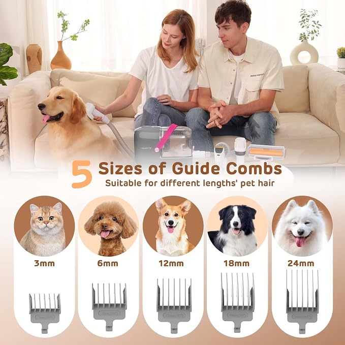 HEAPETS Dog Grooming Vacuum Kit - 3L Vacuum with 7 Tools, Low Noise Electric Clipper and Brush for Pet Shedding at Home, Gray