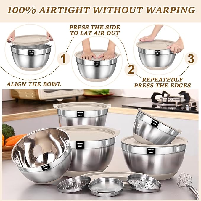 Umite Chef Mixing Bowls with Airtight Lids Set, 8PCS Stainless Steel Nesting Bowls with Grater Attachments, Non-Slip Bottoms, 5, 4, 3.5, 2, 1.5QT for Mixing & Serving