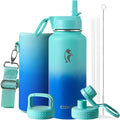 Coolflask Water Bottle 32 oz Insulated with Straw, Stainless Steel Metal 3 Lids Water Flask Wide Mouth for Sports or Office, Non-BPA Keep Cold Up to 48 Hrs or Hot Up to 24 Hrs, Pacific Prince