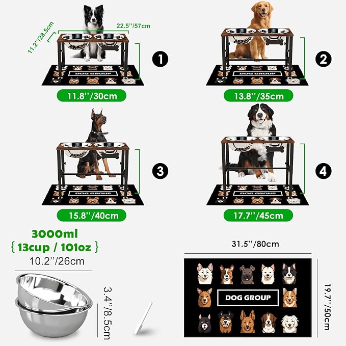 SHAINFUN Elevated Dog Bowls with Mat for Large & Extra Large Dogs, Raised Dog Bowl Stand with 2 Stainless Steel Bowls, Tall Dogs Food Water Bowl Holder