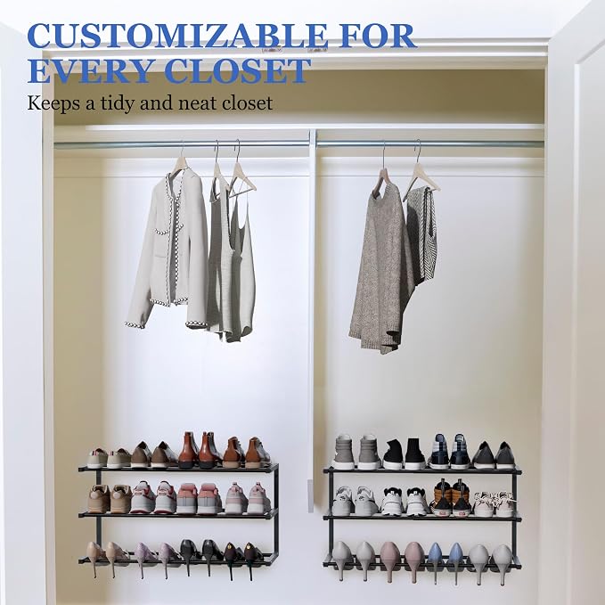 4 Pack Wall Mounted Shoe Rack, 3 Tier Hanging Shoe Rack Holds 48 Pairs, 17"-30"Adjustable Heavy Duty Metal Shoe Organizer Holder with 8 Storage Hooks, Space Saving for Closet Entryway Doorway（Black)