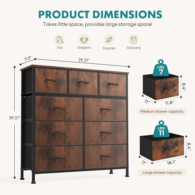 OLIXIS Dresser for Bedroom, 9 Storage Drawers, Wide Fabric Closet Chests Organizer Tower Furniture, TV Stand with Wooden Top Metal Frame for Clothes, Living Room, Hallway, Entryway, Rustic Brown