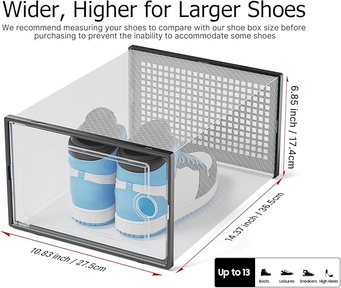 Kuject XX-Large Shoe Storage Boxes Organizers Clear Plastic Stackable 12 Pack, Shoe Rack & Holder Substitute, Sneaker Containers, Shoe Storage Organizer Bins for Closet, Under Bed, Black(No Fold Line)