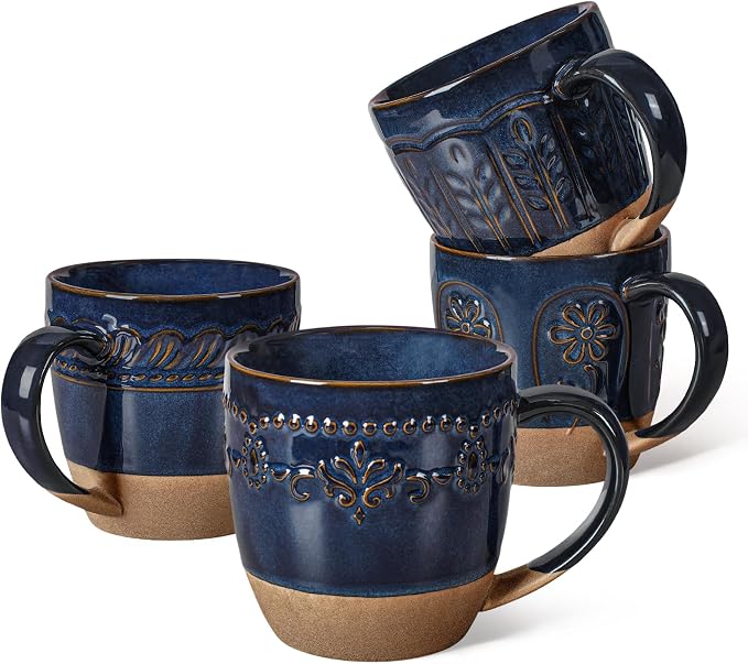 Artena Ceramic Coffee Mugs Set of 4, 16oz Embossed Large Latte Mugs Coffee Cups with Handle for Tea, Latte, Cappuccino & Cocoa, Milk Dishwasher & Microwave Safe, Blue (Multiple Patterns)