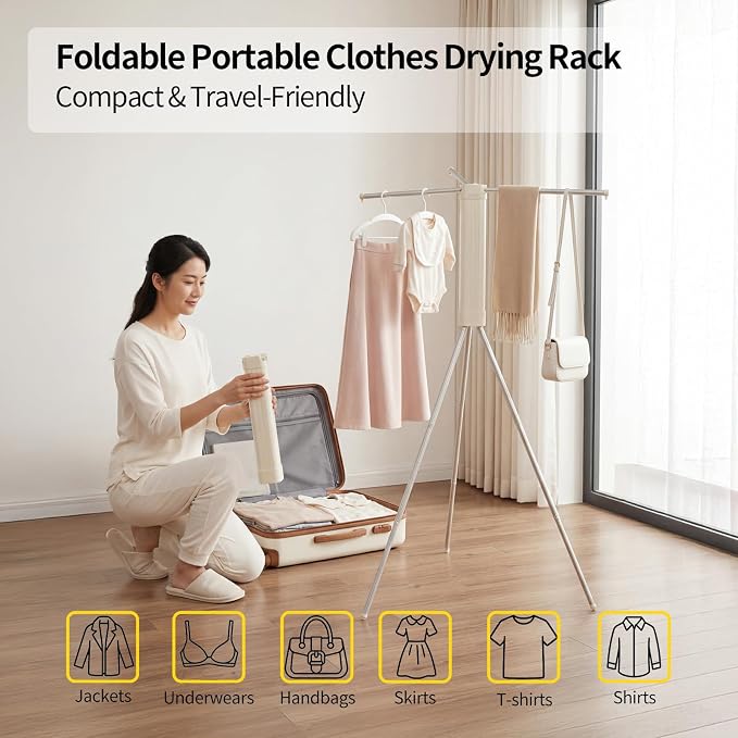 BIREN Foldable Clothes Drying Rack Tripod Clothes Rack Heavy Duty Clothing Racks Laundry Rack Drying for Travel, Camping, Hotel, Apartment, 3 Poles