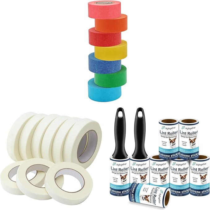 Ultimate Home Essentials Bundle：skytogether Rainbow Color Masking Tape Rolls 7 Rolls, Beige Masking Tape 0.94 Inch Wide 9 Rolls and Lint Rollers for Pet Hair Extra Sticky Bundle