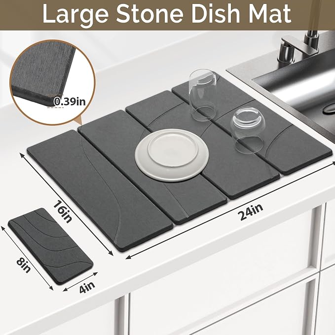 Large Stone Dish Drying Mat for Kitchen Counter, 2 PCS Quick Dry Stone Mats, Foldable Water Absorbing Diatomaceous Earth Drying Dishes Pad for Countertop Bottle Utensil Cup(Carved Gray 24"x16"&8"x4")