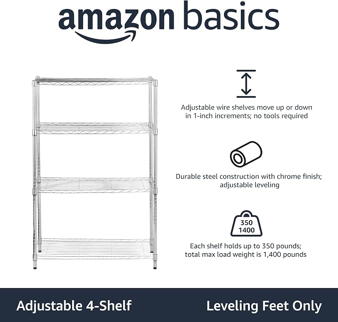 Amazon Basics 4-Shelf Adjustable Heavy Duty Steel Wire Rack Storage Shelving Unit for Kitchen, Garage, Easy Assembly, 350 lbs Per Shelf, 36" x 14" x 54", Chrome Silver