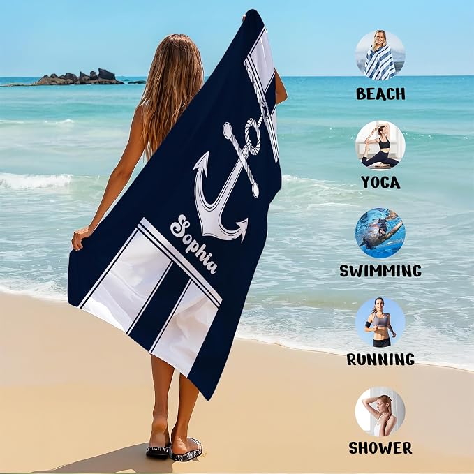 JML Personalized Beach Towel with Name, Custom Anchor Beach Towel, Customized Microfiber Pool Towel, Quick Dry & Absorbent Swim Towel for Adult,Anniversary, Birthday, Summer Holiday,Vacation