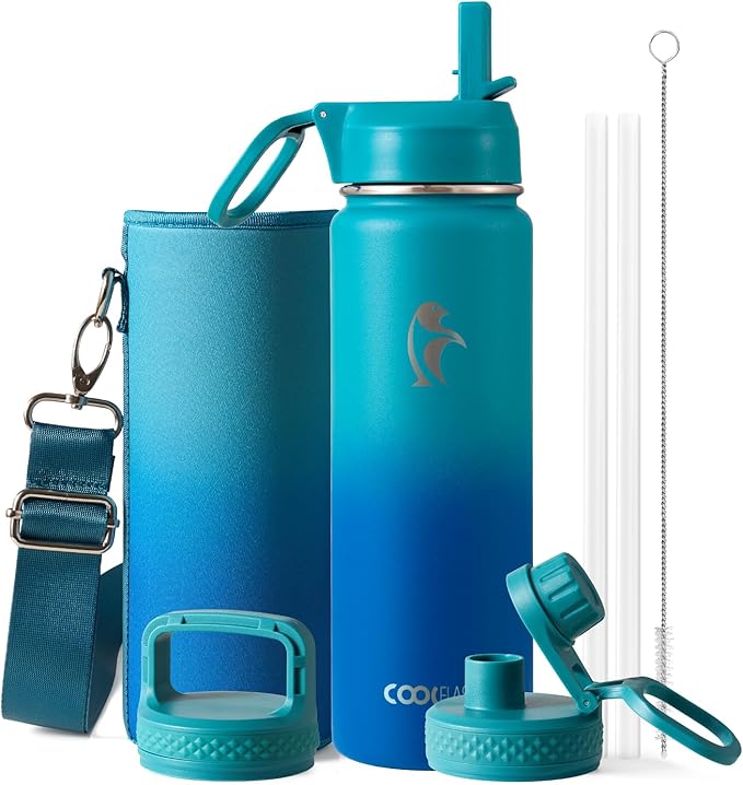 Coolflask Water Bottle 24 oz Insulated with Straw, Stainless Steel Metal 3 Lids Water Flask Wide Mouth for Sports or Office, Non-BPA Keep Cold Up to 48 Hrs or Hot Up to 24 Hrs, Indigo Blue