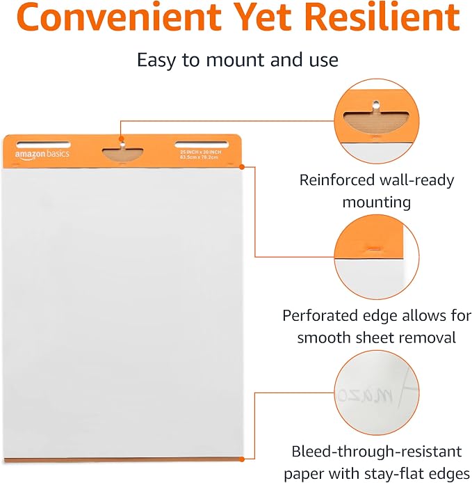 Amazon Basics Sticky Easel Pads for Presentations, Brainstorming, Classroom Use, Bleed-Resistant, Easy to Hang, 25 x 30 in, White, 2-Pack