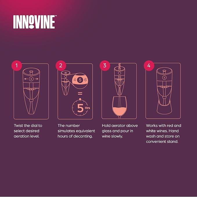 Innovine Red Wine Pro 4-Piece Wine Tool Gift Set – Adjustable Wine Aerator with Stand, Double-Hinged Corkscrew & Vacuum Wine Saver with Stopper – Complete Red Wine Opening, Aeration & Preservation Kit
