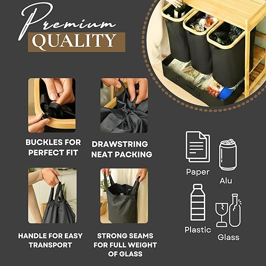 4 Section Recycling Bin for Kitchen – Dual Trash and Recycle Bins for Paper, Plastic, Cans – Indoor Bamboo Recycling Organizer – Decorative Wooden Recycle Bins for Kitchen & Office