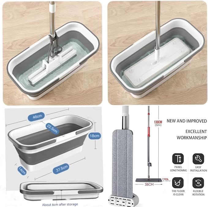 Large Flat Mop and Scalable Bucket with Wheels | 360 Rotating Microfiber Dust Mop, Dewatering Scraper, 54" Adjustable Stainless Steel, 1 Mop 6 Microfiber Pads 1 Bucket