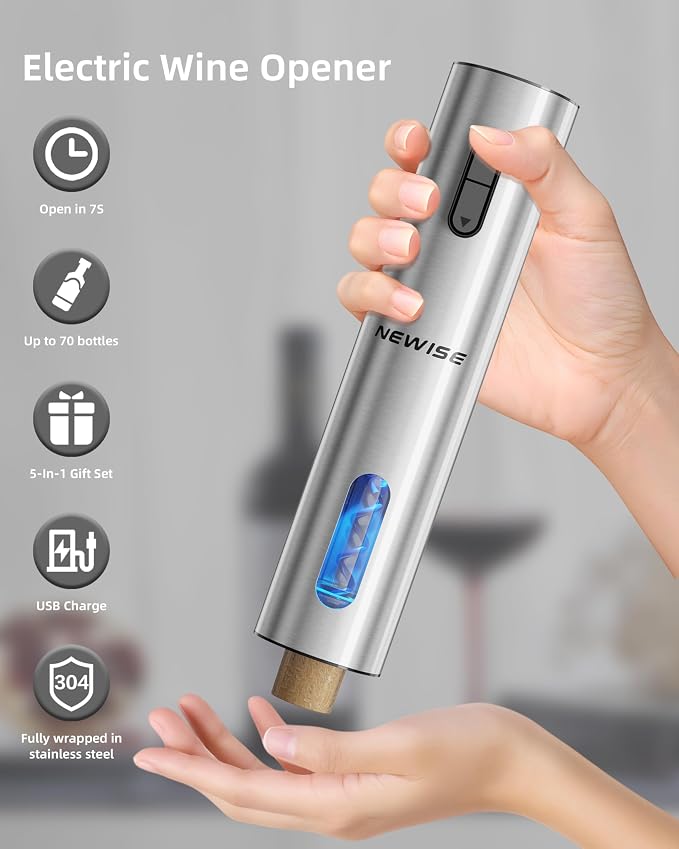 Newise Rechargeable Electric Wine Gift Set: Wine Opener, Aerator, Vacuum Stoppers & Foil Cutter - Wine Lovers Gifts for Women Men - Christmas & White Elephant Gifts