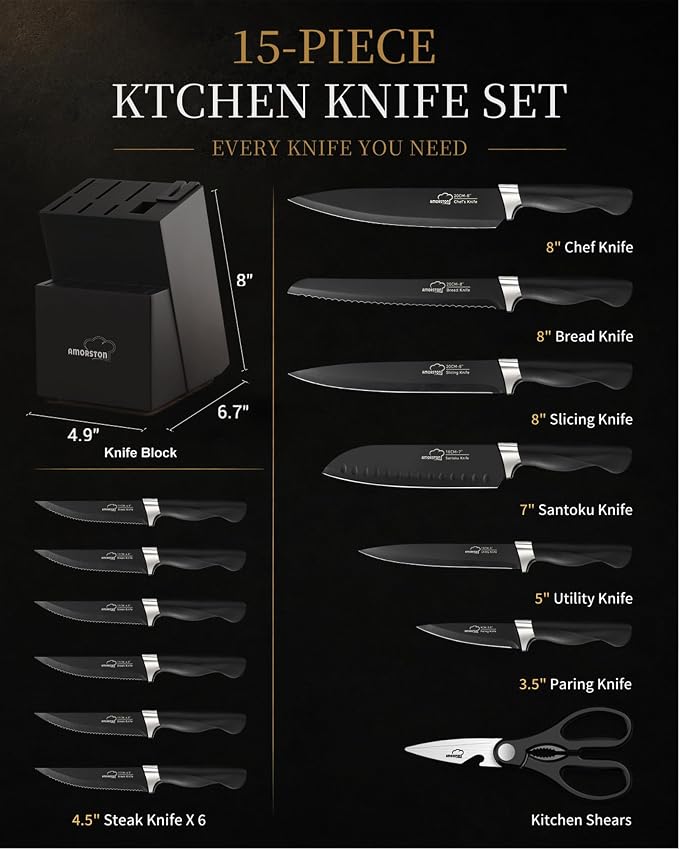 Knife Set 15 Piece Kitchen Knife Set with Block | Built in Sharpener, German Stainless Steel, Dishwasher Safe, Black Kitchen Knives Complete Set, For Home Cooking & Gifting