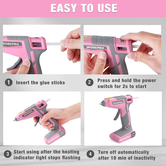 WORKPRO Pink Cordless Hot Melt Glue Gun, 7.2V Rechargeable Fast Preheating Glue Gun Kit with 20 Pc Premium Mini Glue Stick, Automatic-Power-Off Hot Glue Gun for Art, Craft, Decoration - Pink Ribbon