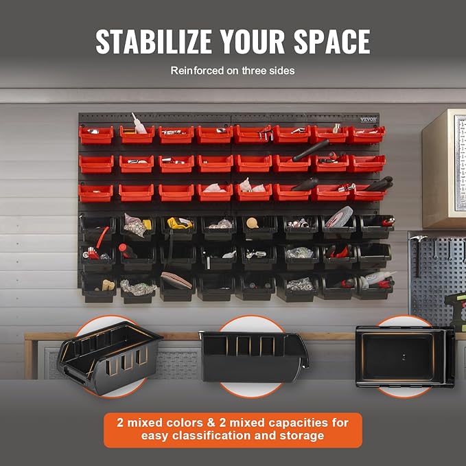 VEVOR 48-Bin Wall Mounted Storage Bins Parts Rack Organizer Garage Shop Tool Organizer for Screws, Nuts, Bolts, Nails, Beads, and Small Hardware Parts, With Wall Panels
