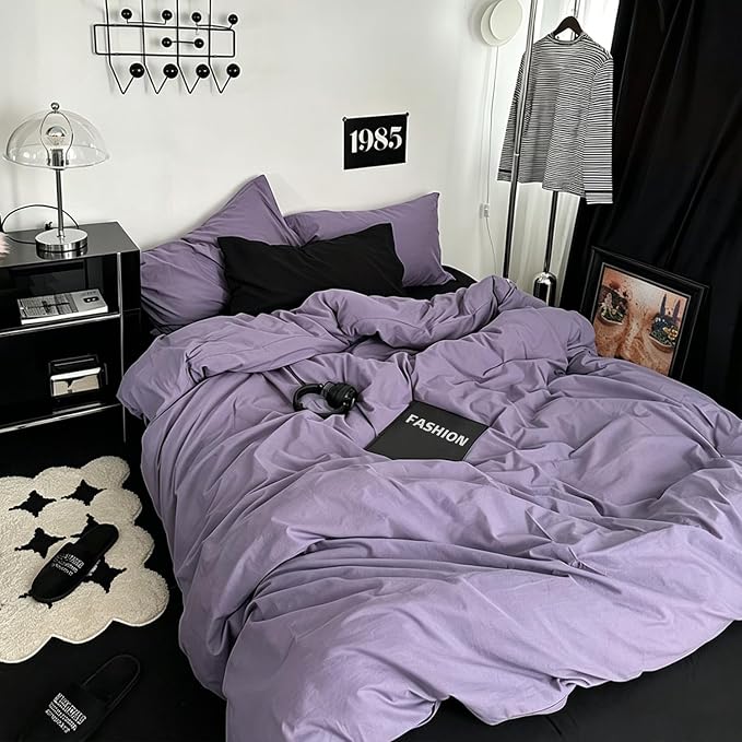 mixinni Solid Purple Duvet Cover Set Queen Size - 100% Washed Cotton 3-Piece Minimalist Bedding Set, Ultra Soft Breathable Solid Color Purple Comforter Cover with Zipper & Corner Ties, King Size