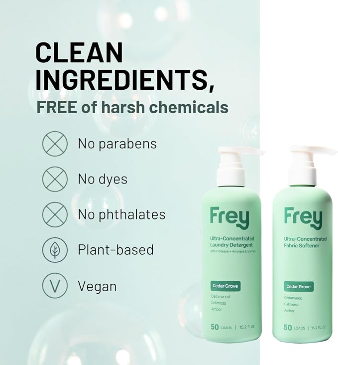 FREY Laundry Care Bundle: Concentrated Detergent & Fabric Softener, Cedar Grove Scent, HE-Compatible, Eco-Friendly