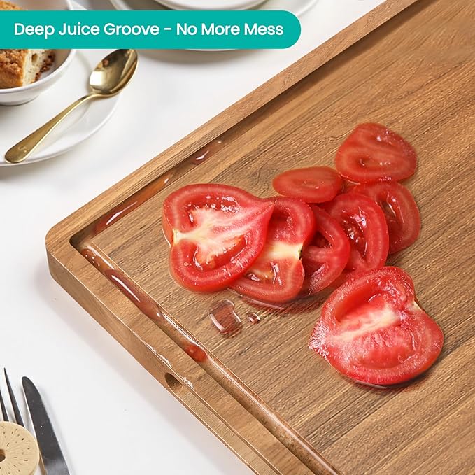 Acacia Wood Cutting Boards Set 3-Piece with Juice Groove & Handles | Charcuterie Chopping Board for Kitchen Meat Cheese Fruits Vegetables Heavy Duty Slip Solid Thick Gift
