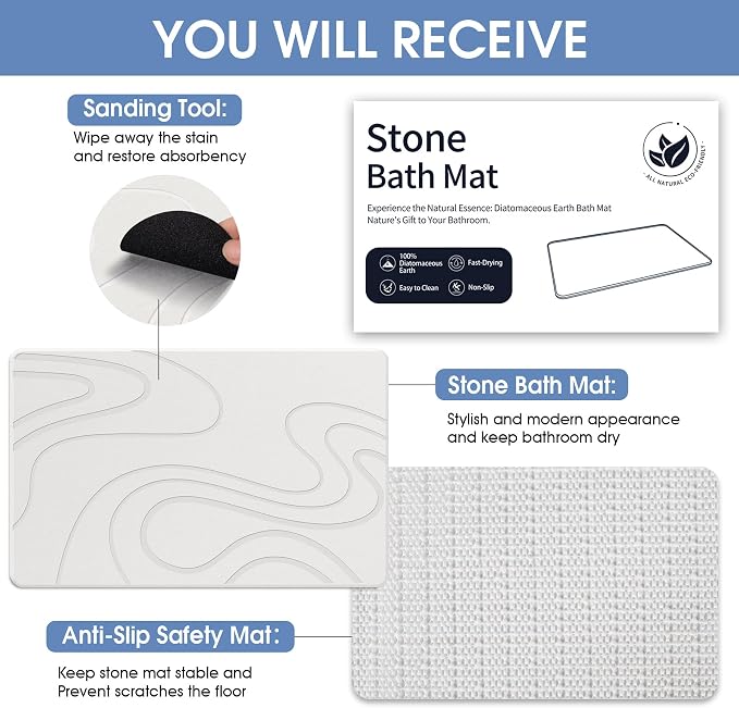 Veeloim Stone Bath Mat Diatomaceous Earth Shower Mat Non-Slip Super Absorbent Diatomite Stone Mats for Bathroom Floor/Kitchen Counter Quick Drying Natural Easy to Clean(23.6''×15.4" White)