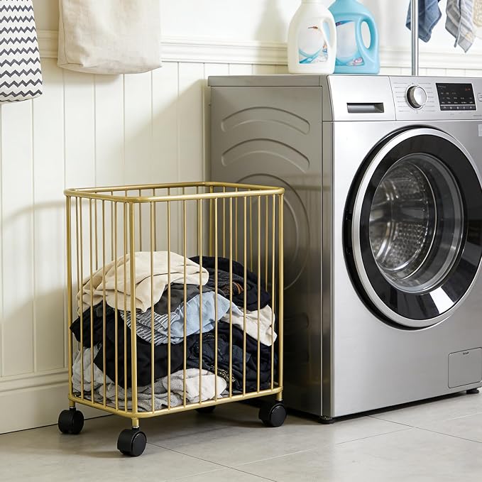 Gold Laundry Basket, Metal Laundry Hamper with Wheels, Rolling Storage Cart, Large Capacity Clothes Organizer, 77Lbs Load, Modern Hollow Design for Bedroom, Bathroom, 15.7x9.8x15.7In
