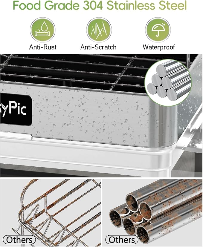 2 Tier Dish Drying Rack, Thicker Premium 304 Stainless Steel Dish Racks for Kitchen Counter, Automatic Drainage Spout, Dish Drainer & Drainboard Set with Utensil Holder and Cup Holder, White