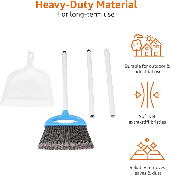 Amazon Basics Dustpan Broom Set with Easy Assembly and Long Handle, Blue and White (Pack of 8)