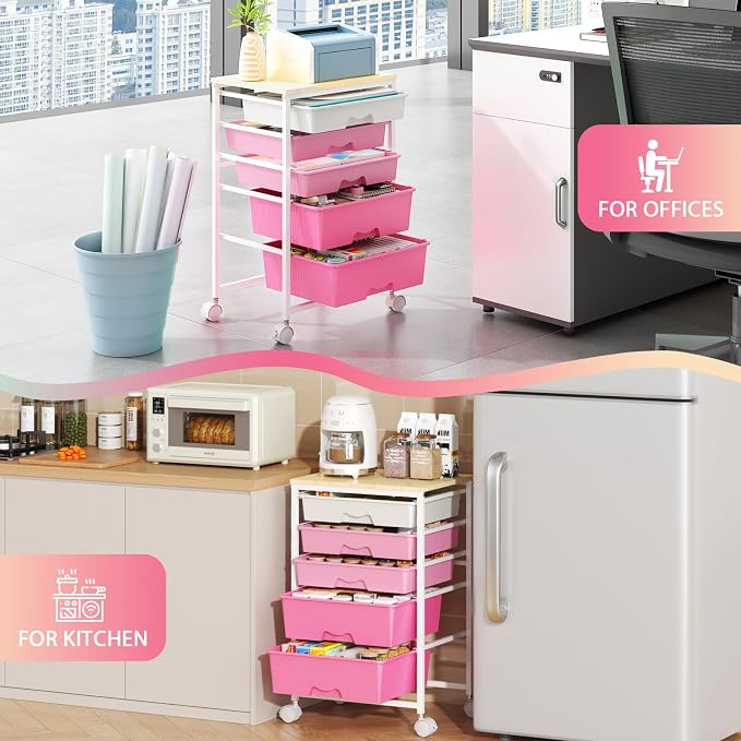 Goovilla Rolling Cart with 5 Drawers for Craft, Art, Dorm, Office, Pink | Utility Cart Organizer With 5 Removable Drawers and Wooden Tabletop, Lockable Rolling Storage Organizer for Classroom, Home