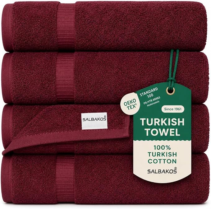 SALBAKOS 4-Piece 100% Turkish Cotton Bath Towels, 27x54 inch, Wine | Standard Size, 630 Gsm Thick Super Soft Highly Absorbent Quick-Dry Bathroom Towel, Premium Hotel & Spa Quality Made in Turkey