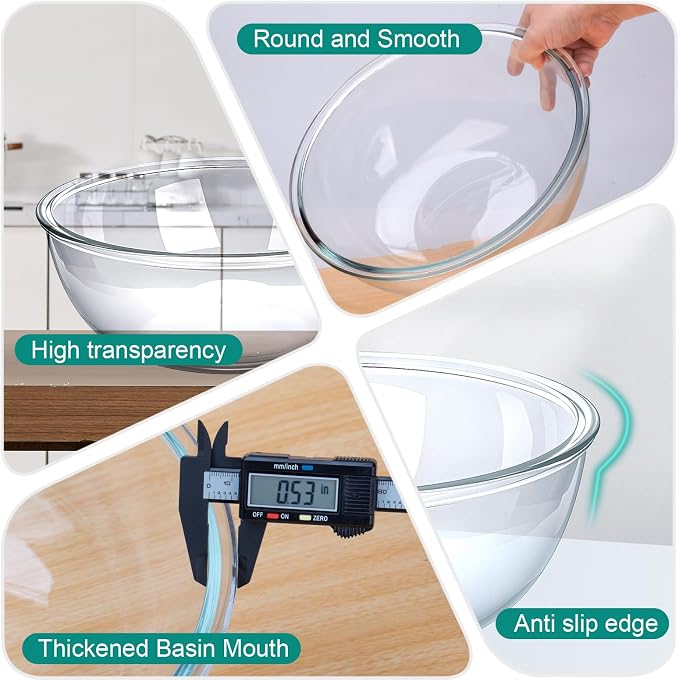 6.3 Qt Large Glass Mixing Bowl,12.3" Clear Glass Salad Cooking Bowls For making sourdough Prepping, Mixing, Marinating & Brining Kimchi