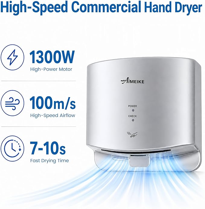 Automatic Commercial Hand Dryer, 110V 1300W High Speed Wall Mounted Hand Dryer for Bathroom, 7–10s Drying, 100m/s Air Speed, 72dB, Plug-in or Hardwired, Silver
