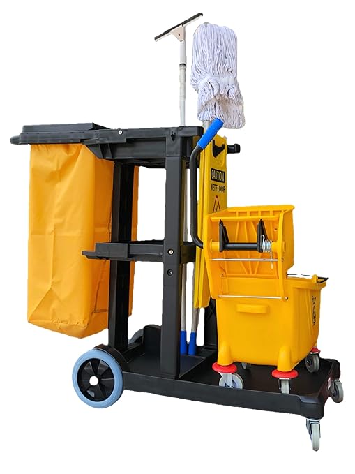 Simpli-Magic Janitorial Cart, 330 lbs Capacity – 3-Shelf Commercial Housekeeping Cleaning Cart on Wheels, 25 Gallon Bag with Lid – Stable, Smooth Movement