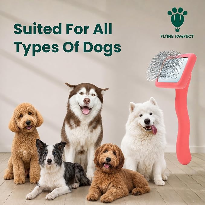 Slicker Brush for Dogs - Long Pin for Poodles, Doodles & Long Haired Dogs, Deshedding & Dematting Tool, Slicker Dog Brushes for Grooming (Coral, Flat Medium)