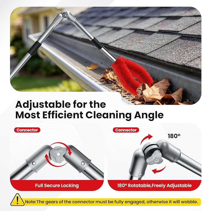 12 FT Gutter Cleaning Tools for Outdoor - Gutter Cleaner Pole with Shovel & Brush for Roof Rain Gutters, Cleans Leaves, Branches & Debris - No Ladder Needed (Red)