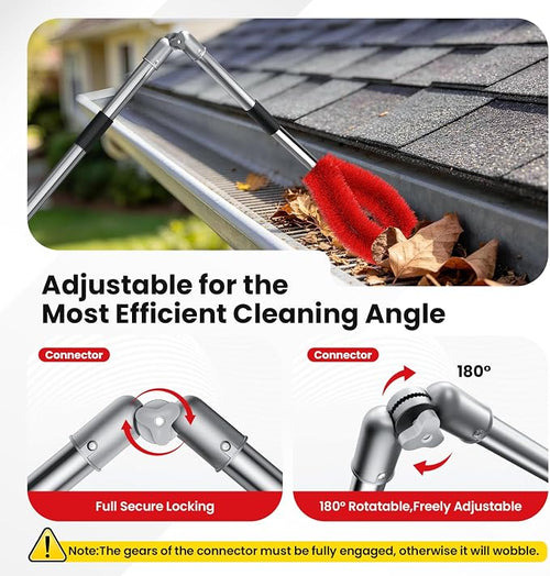 12 FT Gutter Cleaning Tools for Outdoor - Gutter Cleaner Pole with Shovel & Brush for Roof Rain Gutters, Cleans Leaves, Branches & Debris - No Ladder Needed (Red)