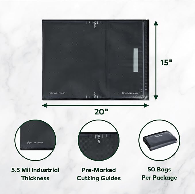 Resealable Vacuum Seal Zipper Bags 15" x 20" (50 Count) 5.5 Mil (Black & Clear) BPA Free Heavy-Duty Commercial Grade Reclosable Storage Bag, Sous Vide, Meal Prep, Freezer Storage & Food Preservation